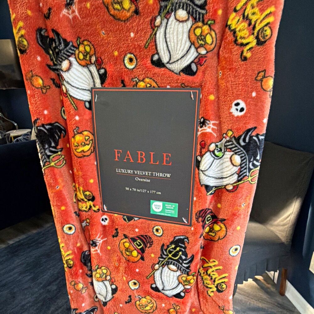 Fable Luxury Velvet Throw Blanket 50 x 70 Oversize Halloween Gnome Orange
